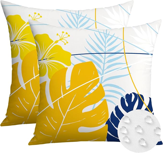 OTOSTAR Outdoor Waterproof Throw Pillow Covers 18x18 Inch Set of 2 Double-Sided Yellow Blue Tropical Leaf and Flower Spring Summer Decorative Pillow Cases for Patio Funiture Garden Tent Balcony Couch