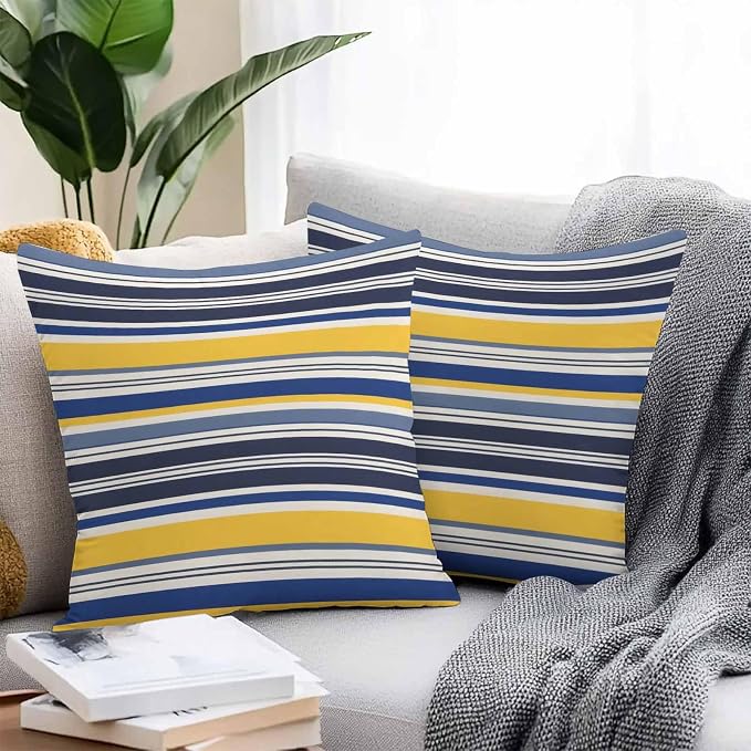 Outdoor Waterproof Throw Pillow Covers Set of 2 Yellow Stripes Lines Pillowcases 18x18 Inches Navy Blue Classic Striped Decorative Pillows Cushion Case Patio Pillows for Couch Bed Chair Garden