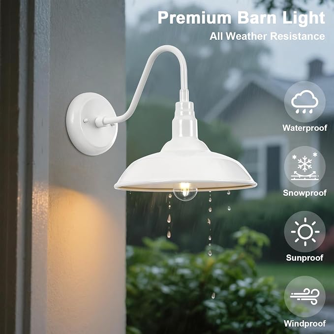 10 Inch Dome Outdoor Gooseneck Barn Light Fixture White Exterior Barn Wall Lantern, Farmhouse Porch Outside Wall Mount Lighting, Waterproof Outdoor Coach Wall Sconce for Garage, Patio