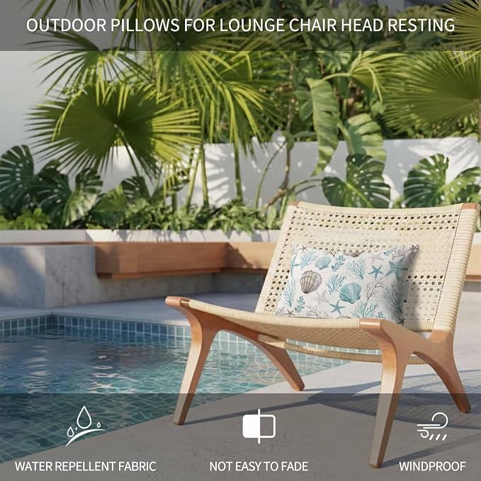 Teal Coastal Outdoor Pillows with Insert 12x20 Inch Summer Starfish Shell Coral Nautical Retro Waterproof Headrest Pillows with Adjustable Strap Lounger Chair Throw for Patio Furnitures , 1 Pack