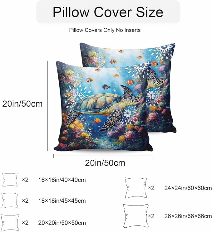 Turtle Waterproof Outdoor Pillow Covers Set of 2 Home Decor, Ocean Fish Coral Underwater World Cartoon Pillowcase Patio Pillow Covers for Couch Bench Furniture Garden 20x20in