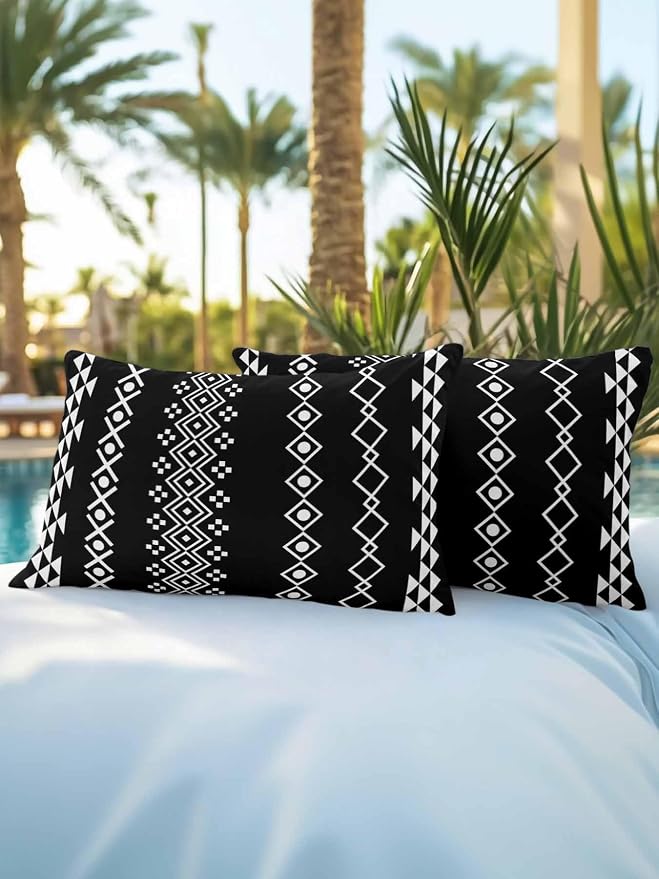 Outdoor Waterproof Throw Pillows 12x20in, Traditional Tribal White Diamond Patio Pillows Pack of 2, Decorative Pillow Covers with Insert, Pillow Cushion Case for Garden Boho Geometric on Black