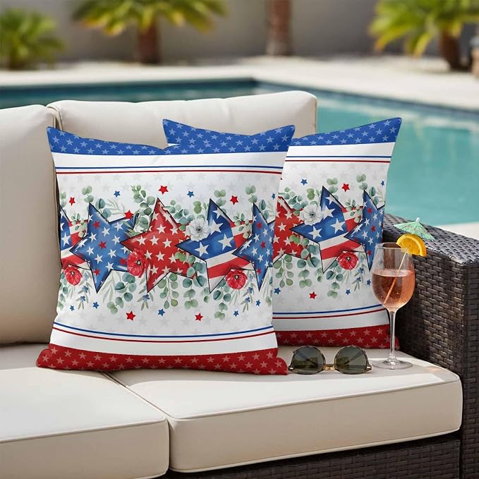 Independence Day Star Outdoor Pillow Covers 20"x20" Set of 2, Waterproof Throw Pillow Covers for Patio Furniture, Farm Red Blue White Star Eucalyptus Leaves Decorative Cushion Covers for Porch