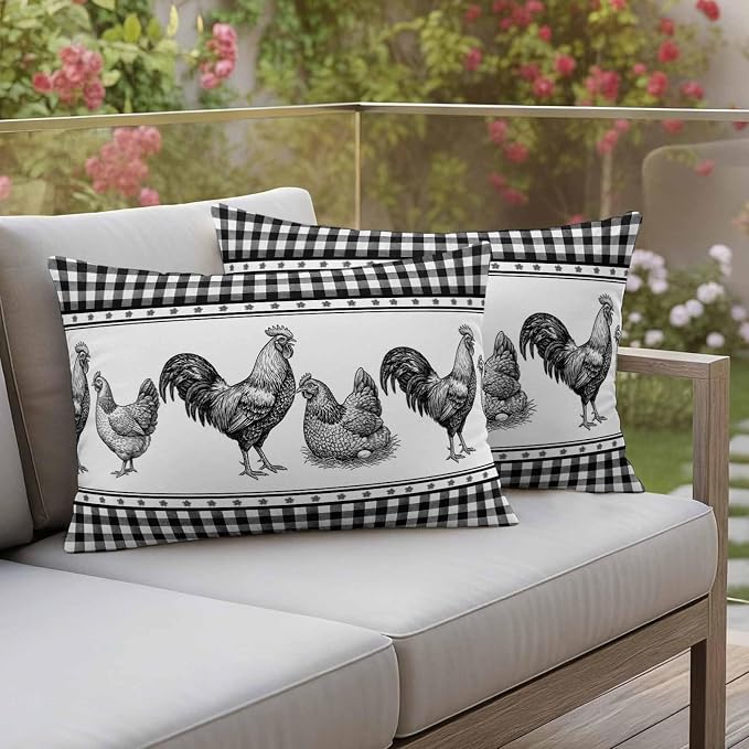Navy Blue Rooster Outdoor Pillow Covers Waterproof, All Weather Cushion Case Set of 2, Vintage Farmhouse Black Plaid Lumbar Pillowcase for Sofa Couch Bed Decor Patio Furniture 20"x12"