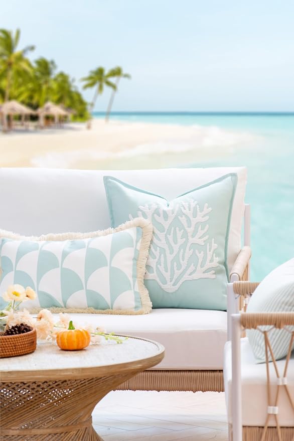 Hofdeco Premium Fall Coastal Patio Indoor Outdoor Lumbar Pillow Cover Only, 12"x20" Water Repellent for Backyard, Couch, Muted Aqua Scale Motif Fringe