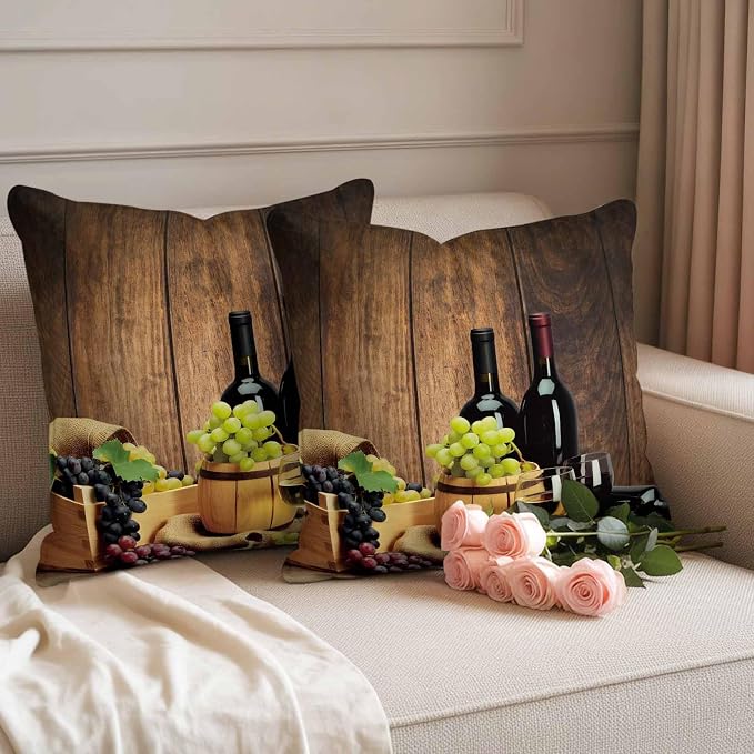 Outdoor Pillow Covers 18 x 18 Inches, Red Wines Waterproof Throw Pillow Cover Set of 2, Champagne Grapes Galsses Country Wooden Plank Decorative Square Cushion Covers for Patio/Couch/Garden