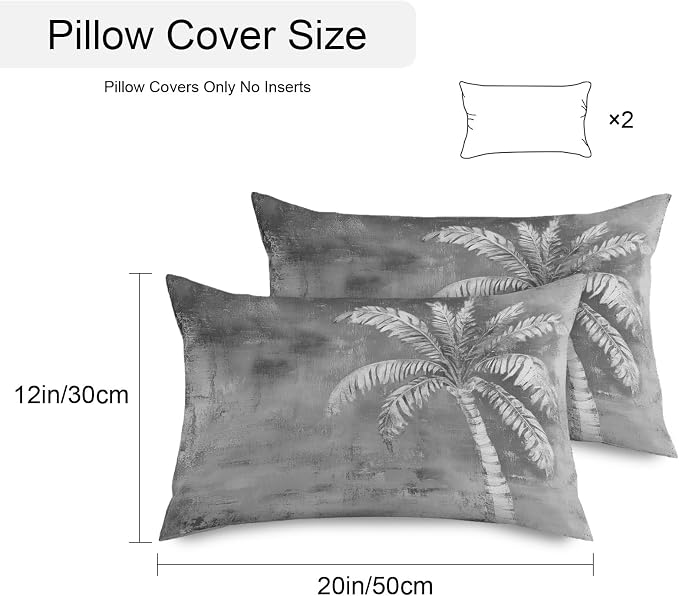 Coastal Beach Tree Grey Outdoor Waterproof Pillow Covers, Vintage Summer Palm Tropical Botanical Decorative Rectangle Throw Pillowcase Sofa Cushion Sham for Patio/Couch/Chair, 20"x12" 2 Pack