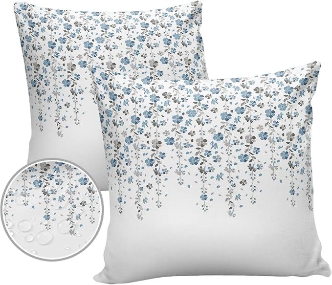 Floral Outdoor Pillow Covers Pack of 2, Blue and Grey Flowers Waterproof Pillow Covers Seasonal Spring Summer Throw Pillowcase for Patio Funiture Garden Tent, 16 x 16 inch