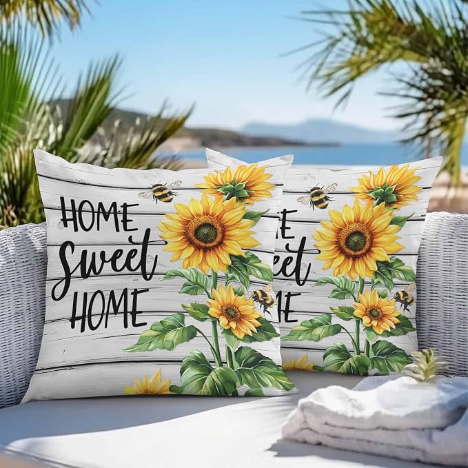 Throw Pillow Covers 16x16 Inch Set of 2, Yellow Sunflower Waterproof Outdoor Pillow Covers, Bee Wooden Grain Country Farmhouse Decorative Cushion Pillowcases for Couch, Sofa, Bed, Garden, Patio