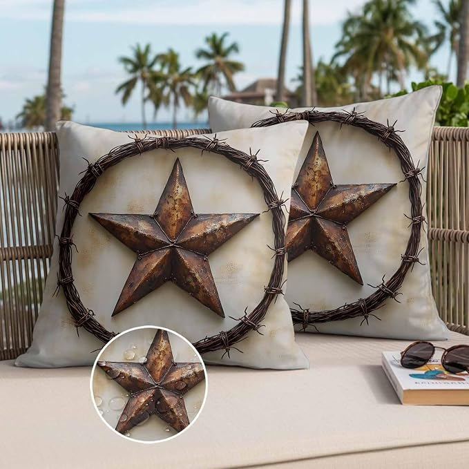 Texas Star Rustic Waterproof Outdoor Pillow Covers Set of 2 Home Decor, Vintage Country Stars Modern Abstract Pillowcase Patio Pillow Covers for Couch Bench Furniture Garden 16x16in