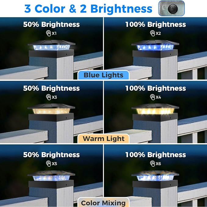 4 Packs 4x4 Solar Post Lights Outdoor, Blue & Warm White LED Fence Caps Light Waterproof, Wood & Vinyl Post Top Lighting for Deck Mailbox Railing Porch Outside