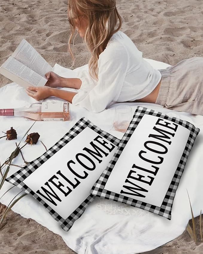Outdoor Waterproof Pillow Covers for Patio Furniture Black Buffalo Check Plaid Decorative Throw Pillow Cover Welcome Pillowcases Set of 2 Cushion Case for Sofa Couch Chair Home Decor 20x12 inch