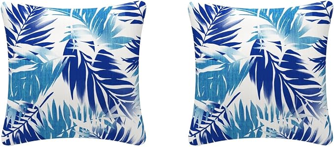 Pack of 2 Outdoor Waterproof Decorative Throw Pillow Covers for Patio Furniture, 18x18 Inch Square Fade Resistant Patio Garden Cushion Covers for Couch Bed Sofa, Leaves Blue