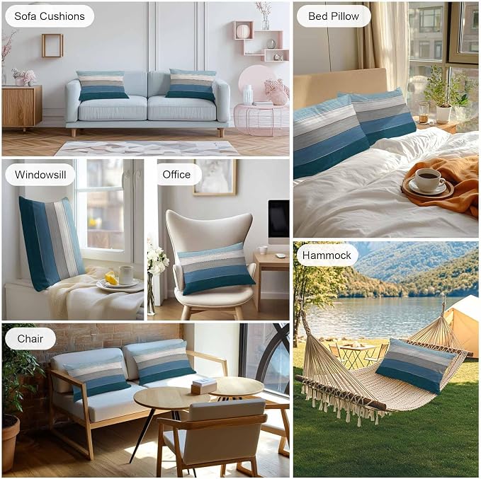 Outdoor Throw Pillow Covers 12X20 Set of 2 Waterproof Ombre Blue Gray Decorative Zippered Cushion Covers for Patio Furniture, Farmhouse Retro Rustic Barn Wood Texture Lumbar Pillowcases Ocean Hues