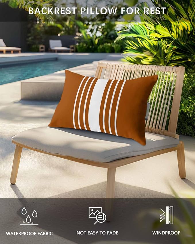 Pack of 4 Outdoor Lumbar Pillow Covers 11x16 Inch, Burnt Orange White Stripe Waterproof Throw Pillow Covers Set, Modern Rustic Vertical Striped Indoor&Outdoor Cushion Cases for Patio Porch Beach