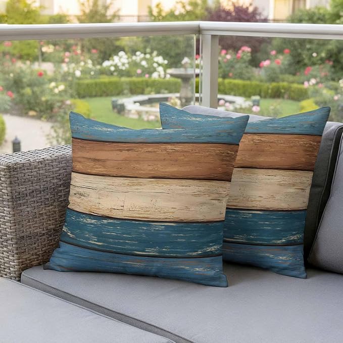 Farmhouse Navy Blue Brown Outdoor Waterproof Pillow Covers, Vintage Wooden Striped Decorative Square Throw Pillowcase Sofa Cushion Sham for Patio/Couch/Chair, 24"x24" 2 Pack