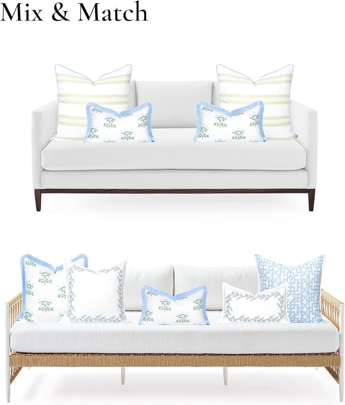 Hofdeco Premium Grandmillennial Coastal Hampton Patio Indoor Outdoor Lumbar Pillow Cover Only, 12"x20" Water Repellent for Backyard, Couch, Poolside, Baby Blue Green Print Hydrangea Flowers