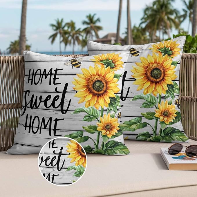 Throw Pillow Covers 16x16 Inch Set of 2, Yellow Sunflower Waterproof Outdoor Pillow Covers, Bee Wooden Grain Country Farmhouse Decorative Cushion Pillowcases for Couch, Sofa, Bed, Garden, Patio