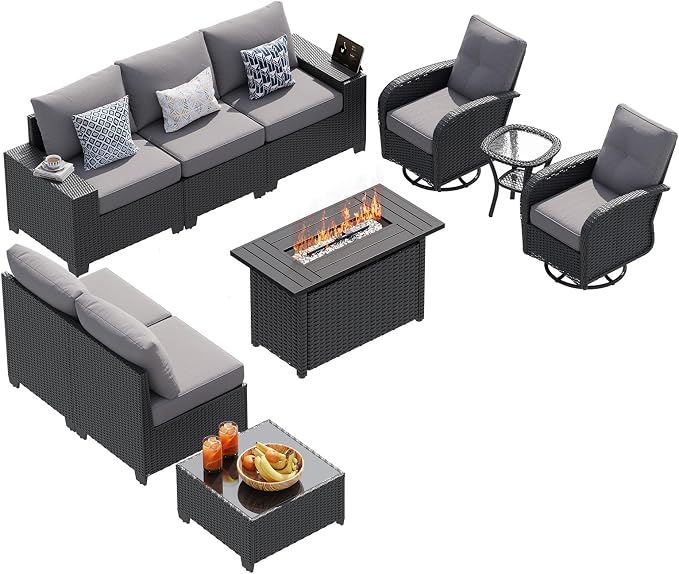 LazySunsets 10 PCS Patio Furniture Set with 44'' Fire Pit Table, Outdoor Sectional All-Weather Wicker Conversation Set with Swivel Rocker Chairs, 4'' Thick Cushions for Backyard Poolside(Crey/Black)