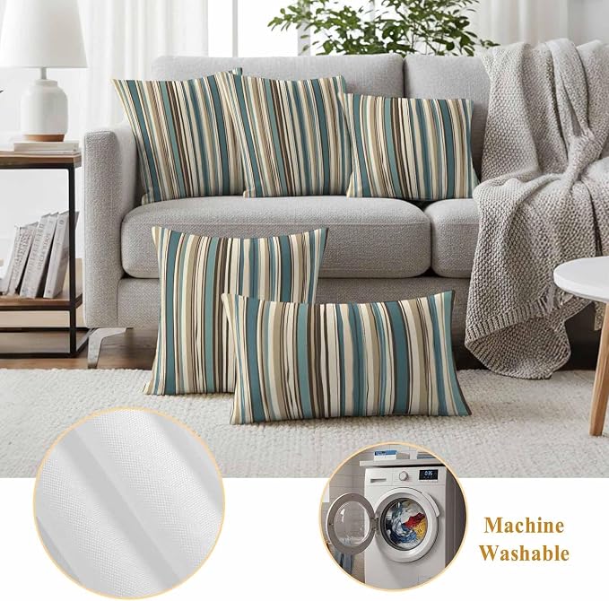 Boho Vertical Stripes Outdoor Waterproof Throw Pillow Covers Set of 2, 26"x26", Green Beige Simple Lines Decorative Pillow Covers Outside Cushion Case for Patio Porch Garden