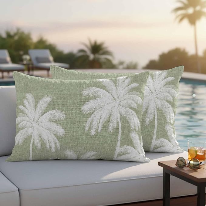 Lumbar Pillow Covers 20x12 Inch Set of 2, Sage Green Palm Trees Waterproof Outdoor Pillow Covers, Farmhouse Tropical Summer Beach Decorative Cushion Pillowcases for Couch, Sofa, Bed, Garden, Patio