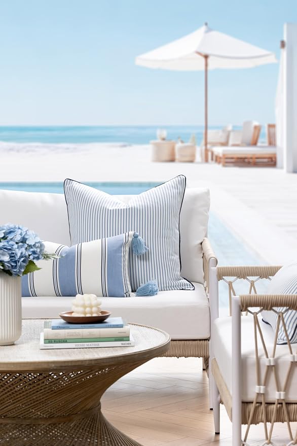 Hofdeco Premium Coastal Hampton Outdoor Performance Throw Pillow Cover Only, 20"x20" Water Repellent, UV and Fade Resistant for Backyard, Couch, Poolside, Azure Blue Indigo Woven Coastline Stripes