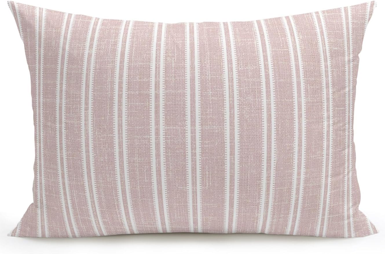 Waterproof Outdoor Pillow 1 Pack Red Linen Striped Decorative Throw Pillows Cover & Insert 20x12 Inch Lumbar Pillowcase Vertical Stripes Lines Pillows for Couch Sofa Bed Patio Furniture Indoor Outdoor