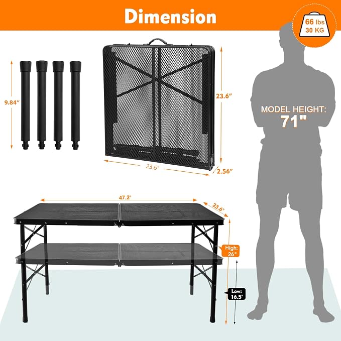 4 ft Folding Table with Metal Mesh Desktop, Grill Table Camping Table with Carry Handle,Adjustable Height (16.5" & 26"), Outdoor Table for Camp, Cooking, BBQ, RV, Picnic,Fits 4–8 People,Black