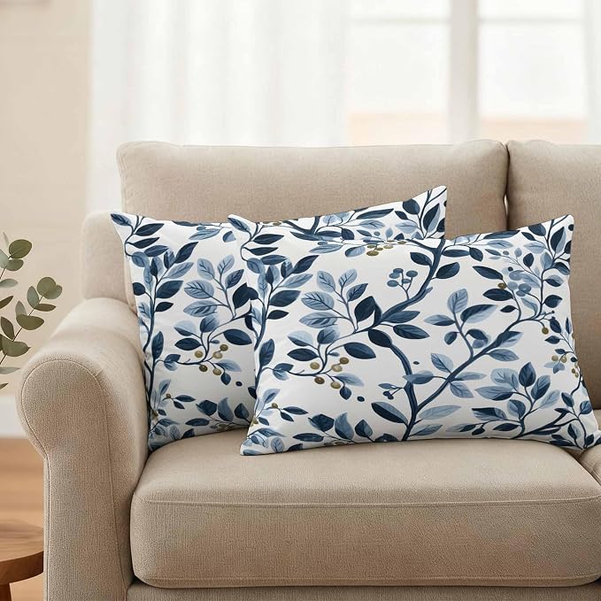 Lumbar Pillow Covers 20x12 Inch Set of 2, Navy Blue Botanical Waterproof Outdoor Pillow Covers, Summer Spring Leaves Decorative Cushion Pillowcases for Couch, Sofa, Bed, Garden, Patio