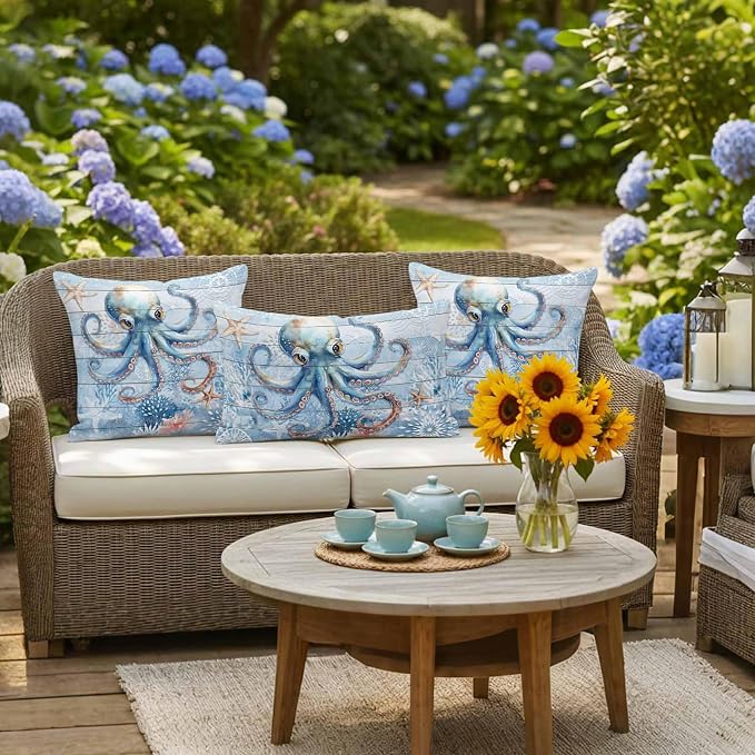 Coastal Octopus Waterproof Outdoor Pillow Covers Set of 2 Home Decor, Nautical Sea Starfish Coral Wooden Grain Pillowcase Patio Pillow Covers for Couch Bench Furniture Garden 18x18in