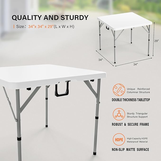VINGLI 34" Fold in Half Square Table, Bi-Folding Commercial Portable Plastic Dining Table for Kitchen Outdoor Party Wedding Event, White