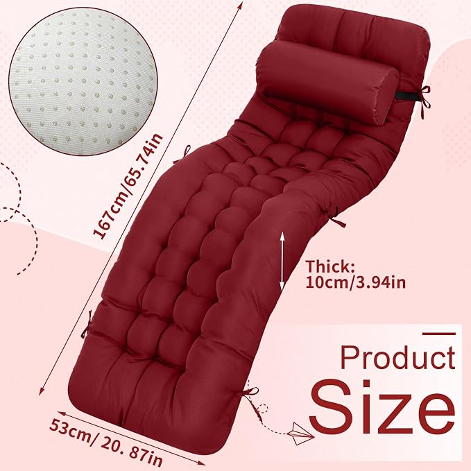 Tudomro Outdoor Chaise Lounge Cushion 66x21x4'' Waterproof & Fade-Resistant Patio Pool Chaise Lounge Cushion Headrest Pillow Tie Replacement Rocking High Back Chair(Burgundy,Set of 2)