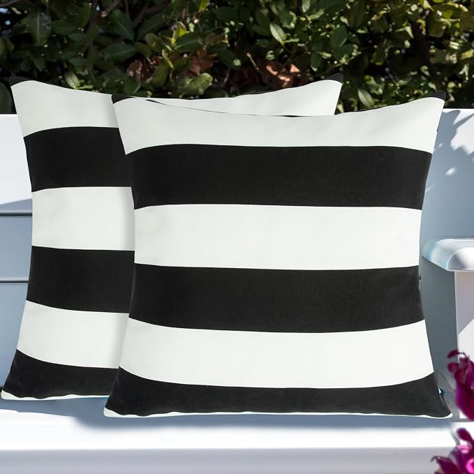 Throw Pillow Covers Set of 2, Outdoor Indoor Waterproof Patio Throw Pillowcase Shell 18x18 Inch, Square Cushion Case for Couch Sofa Garden Farmhouse-Black White Stripe