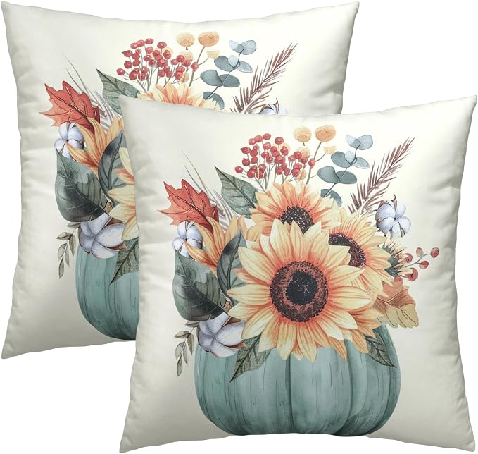 Autumn Sunflower Throw Pillow Cover Set of 2, 20x20 Inch Farmhouse Blue Pumpkin and Flowers Harvest Holiday Pillow Cushion Case for Couch Sofa Patio Living Room Bedroom Decor