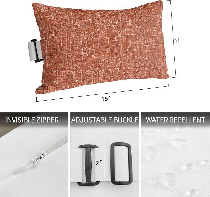 Outdoor Lumbar Pillow Set of 2, Burnt Orange Waterproof Beach Headrest Pillow with Inserts, Farmhouse Vintage Orange Solid Color Modern Recliner Throw Pillows for Patio Furniture, 12 x 20