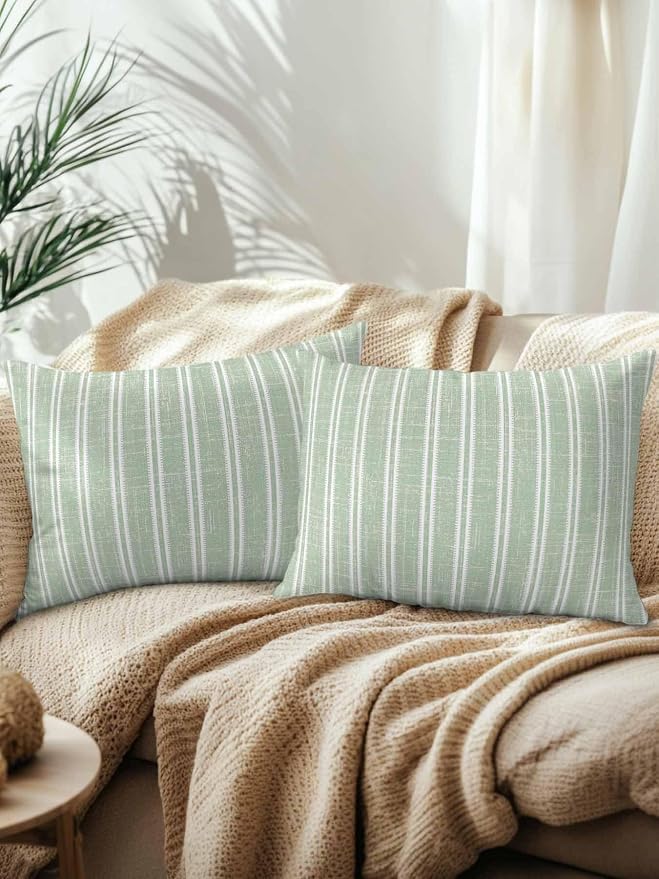Waterproof Outdoor Pillow Set of 2 Green Linen Striped Decorative Throw Pillows Cover & Insert 20x12 Inch Lumbar Pillowcase Vertical Stripes Lines Pillows for Couch Sofa Bed Patio Furniture