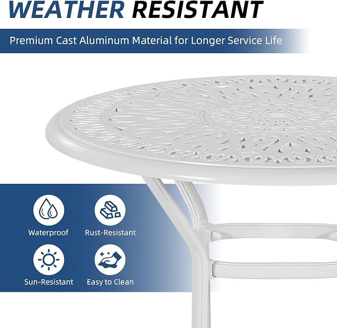 Outdoor Cast Aluminum Bar Table, 35.4" Patio Bar Height Table with 2" Umbrella Hole, All Weather High Top Bistro Round Dining Table for Outside Deck Porch Balcony Poolside, White