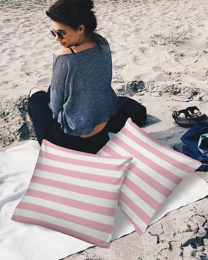 Outdoor Waterproof Pillow Covers for Patio Furniture Pink and White Stripes Decorative Throw Pillow Cover Solid Striped Pillowcases Set of 2 Cushion Case for Sofa Couch Chair 18 x 18 in
