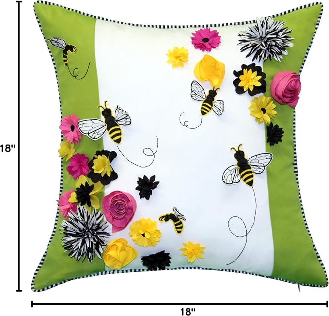 Bees & Flowers Dimensional Indoor/Outdoor Decorative Pillow, 18x18, Multi