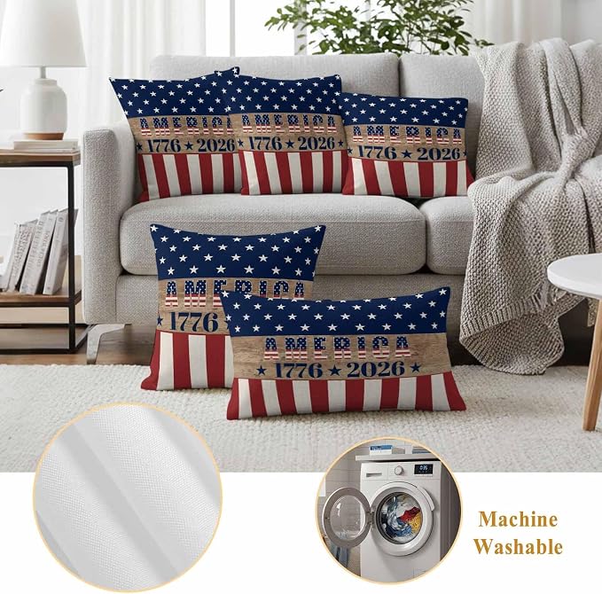 250th Anniversary Outdoor Pillow Covers 26"x26" Set of 2, Waterproof Throw Pillow Covers for Patio Furniture, USA Flag Red Striped Blue Star Retro Decorative Cushion Covers for Porch