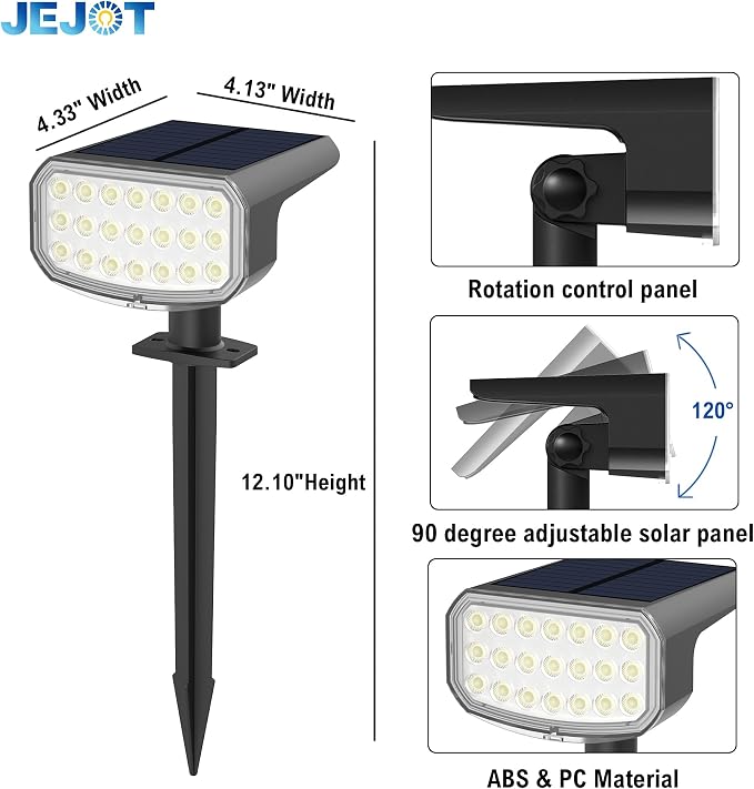 JEJOT Solar Lights Outdoor Waterproof IP65, Super Bright LED with Lens, 3000K 2 Lighting Modes, Solar Powered Yard Garden Solar Spot Lights for Outside Landscape Auto On/Off -2 Pack