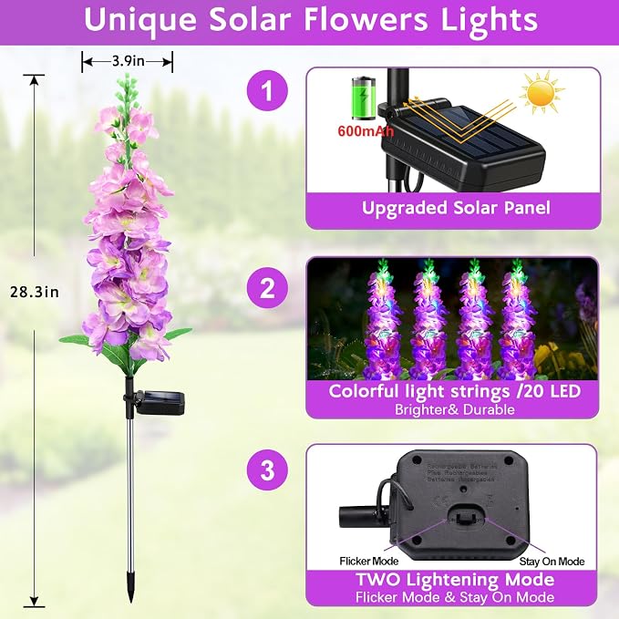 MRHEPHAESTUS Solar Garden Lights, Solar Purple Delphinium Flowers Lights 4 Pack 80 LEDs, Waterproof Outdoor Light Two Lighting Modes for Outside Wedding Party Garden Yard Patio Lawn Decor