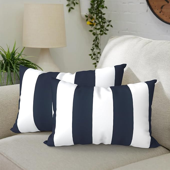 DYTXIII Pack of 2 Outdoor Waterproof Lumbar Pillow Covers ONLY, 12x20 Rectangle Decorative Double Printed Pillow Cases for Patio Couch Porch Furniture - Cabana Navy