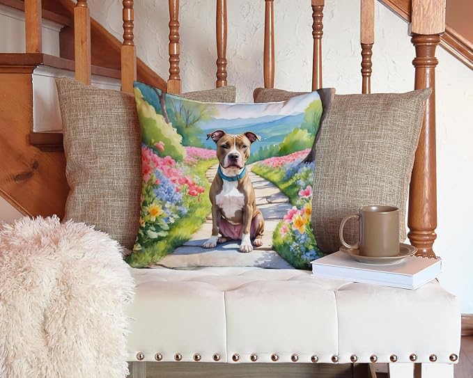 Caroline's Treasures Pit Bull Terrier Spring Path Throw Pillow Machine Washable, Indoor Outdoor Decorative Pillow for Couch, Bed or Patio, 14Hx14W