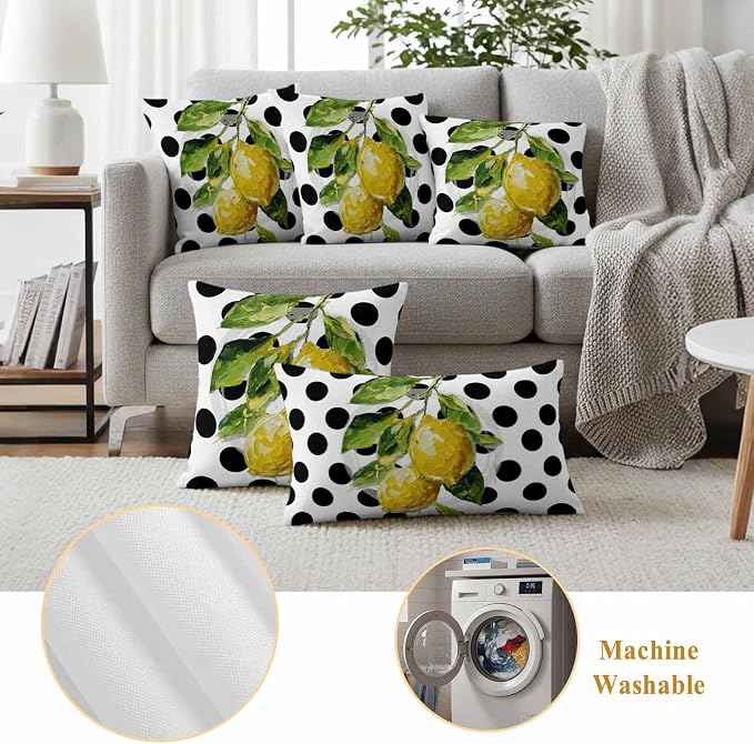 Waterproof Pillow Covers Set of 2,Summer Lemon Polka Dot Outdoor Pillow Protectors with Zipper Pillowcases for Patio Tent Garden Beach 24x24 Inches Country Fruit Oil Painting Style