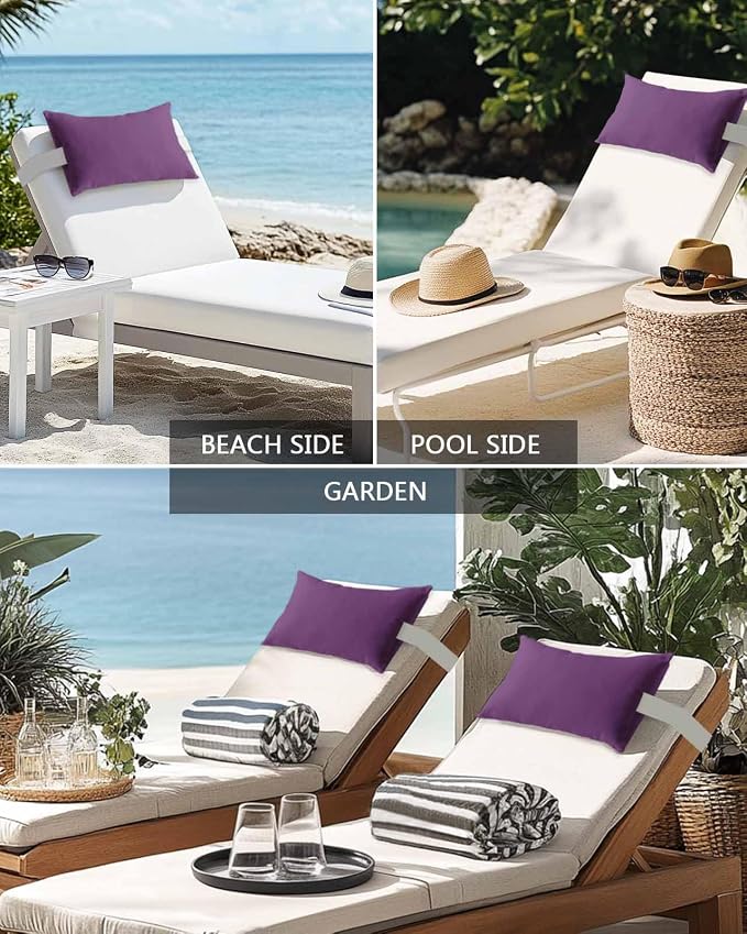 Chaise Lounge Chair Pillow with Strap & Insert Purple Outdoor Recliner Head Pillow Pack of 2 Solid Purple Color Waterproof Headrest Patio Lumbar Pillow for Beach Pool Office Chair 12x20 Inch