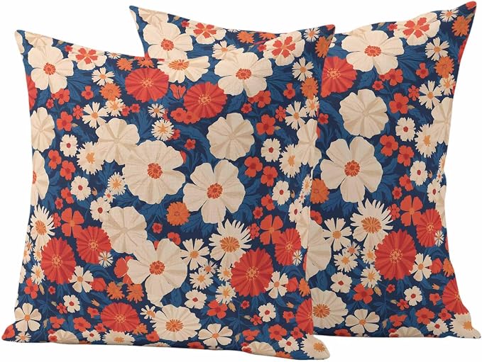 Independence Day Outdoor Waterproof Throw Pillow Covers Set of 2, 18"x18", Red White Daisy Retro 4th of July Decorative Pillow Covers Outside Cushion Case for Patio Porch Garden