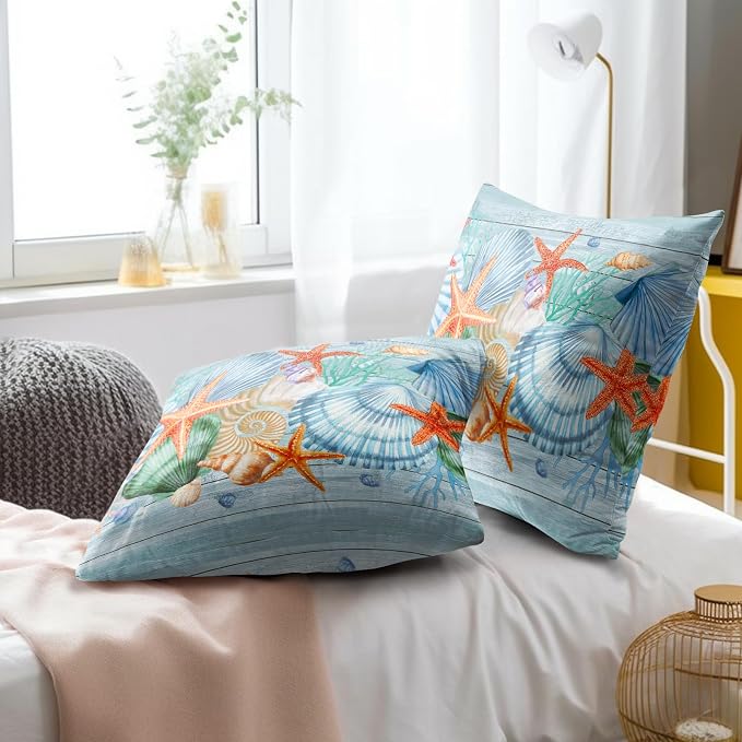 Nautical Coastal Starfish Throw Pillow Covers 16x16 Set of 2, Summer Ocean Beach Coral Wood Decorative Pillow Cases Cotton Cushion Cover for Home Sofa Couch Wedding Anniversary Decor