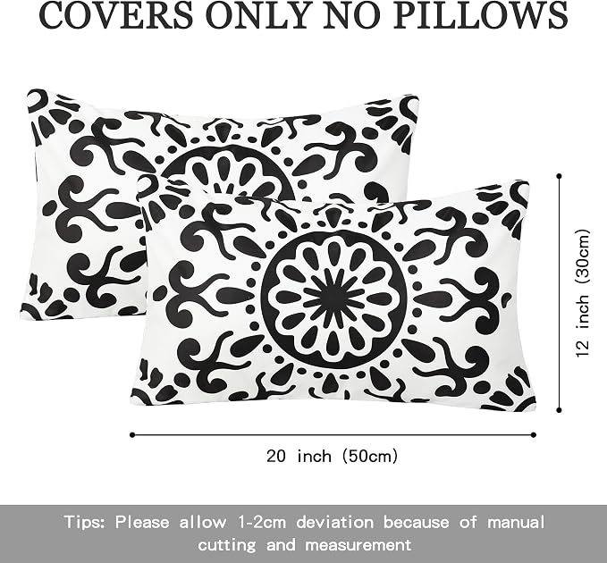 Set of 2 Black Outdoor Waterproof Pillow Covers 12x20 Inch | Morocco Tile Floral Decorative Throw Pillow Cover, Abstract Boho Outdoor Cushion Cases for Patio Funiture Garden Couch Bench