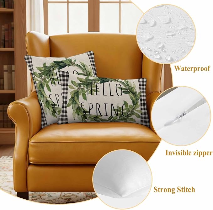Hello Spring Outdoor Pillow Covers Pack of 2 Green Leaf Plant Black Plaid Vintage Linen Texture Waterproof Throw Pillow Covers Decorative Cushion Cases for Patio Garden Tent Balcony Couch 20x12 inch